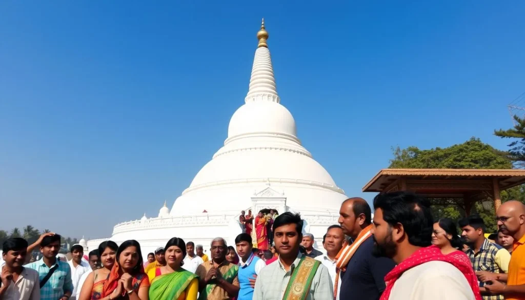 Generate an image of Deeksha Bhoomi's grand white-domed stupa surrounded by devotees.