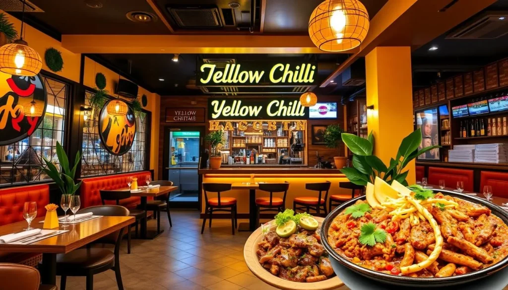Generate an image of Desi Vibes and The Yellow Chilli's restaurant interiors and signature dishes.