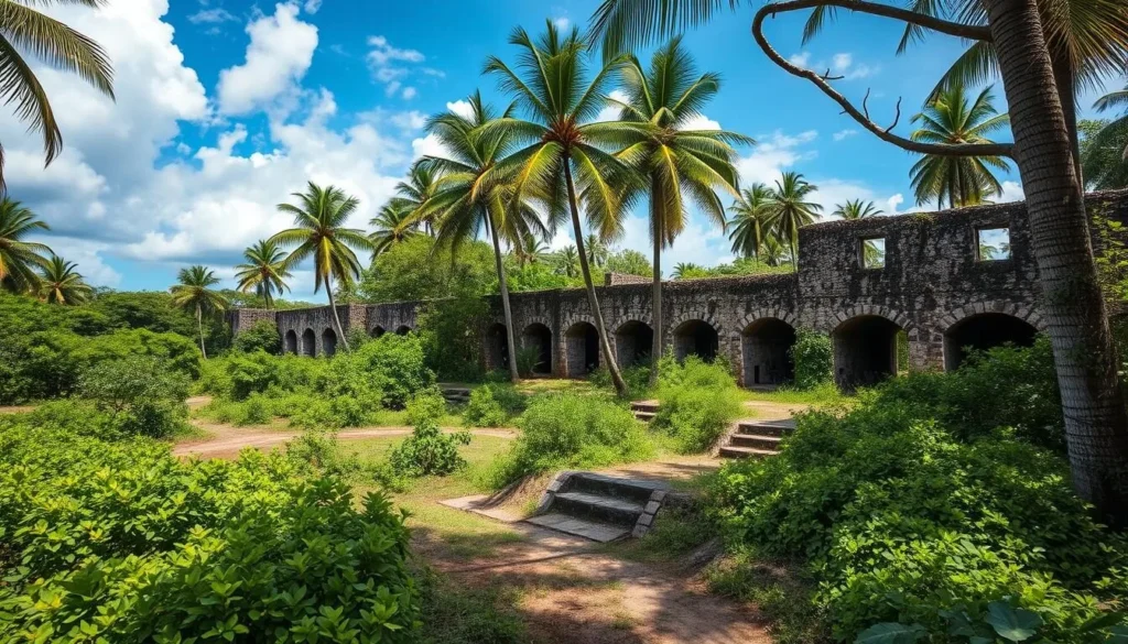 Generate an image of Devil's Island with its lush tropical vegetation and old prison ruins.