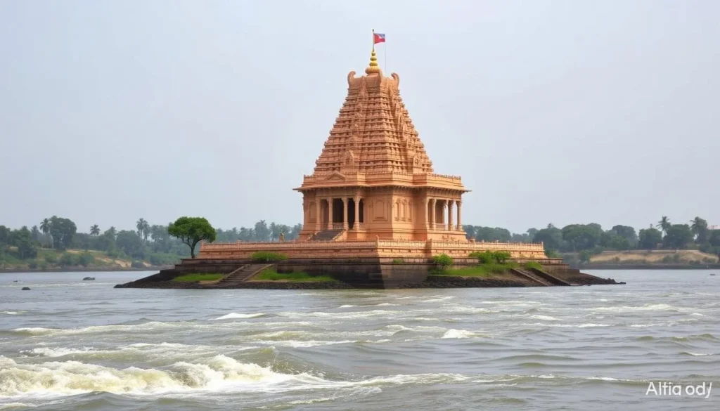 Generate an image of Dhabaleswar Temple on an island surrounded by the Mahanadi River