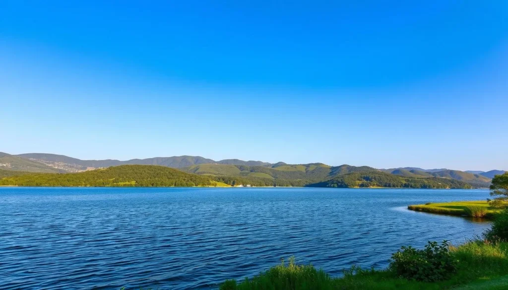 Generate an image of Dimna Lake with serene waters surrounded by lush greenery and hills in the backdrop.