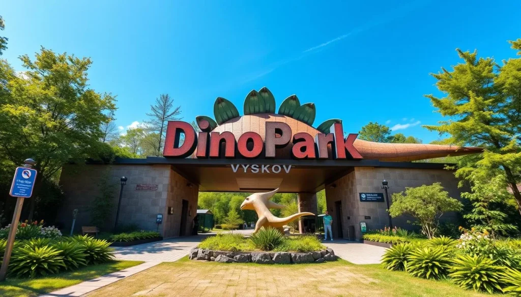 Generate an image of DinoPark Vyskov's entrance with a large dinosaur model.