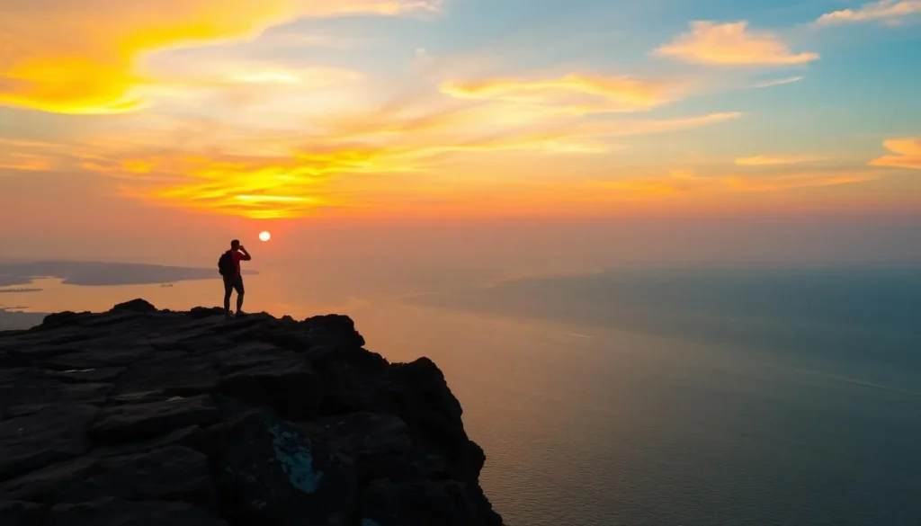 Generate an image of Dolphin's Nose Viewpoint with the Bay of Bengal in the background during sunset.