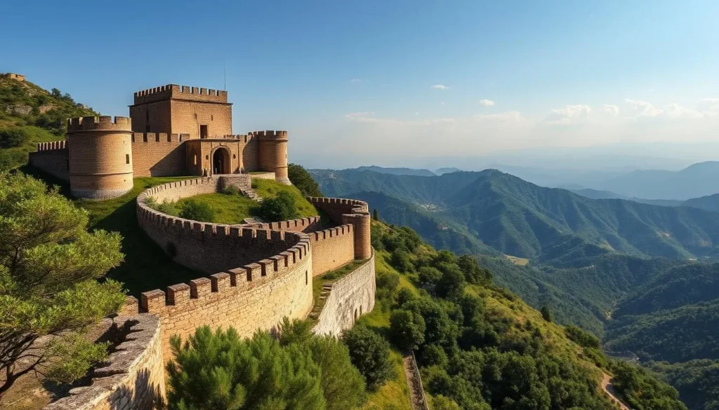 Generate an image of Dor Fortress, highlighting its defensive architecture and the surrounding natural beauty.