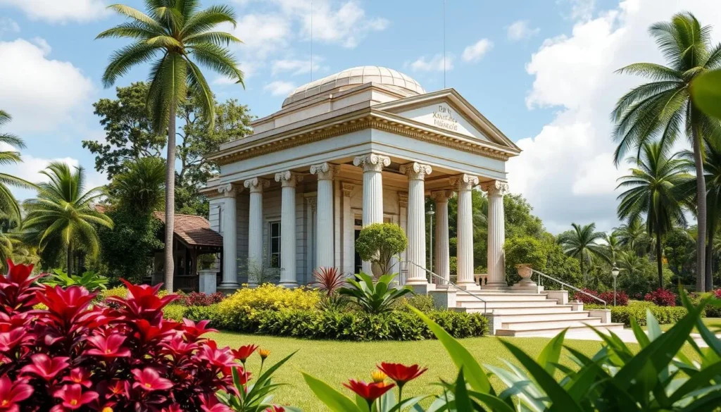 Generate an image of Dr. Knoche's Mausoleum in La Guaira, Venezuela, showcasing its neoclassical architecture amidst lush vegetation.