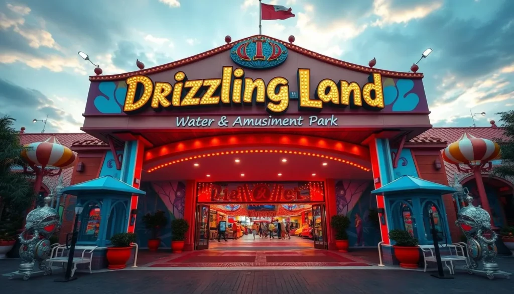 Generate an image of Drizzling Land Water and Amusement Park's main entrance, showcasing its vibrant colors and exciting atmosphere.
