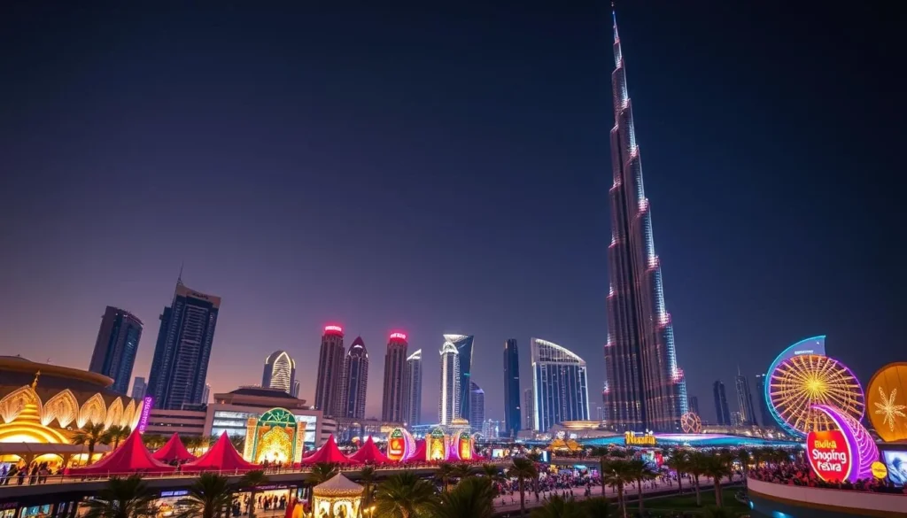 Generate an image of Dubai's skyline during the Dubai Shopping Festival
