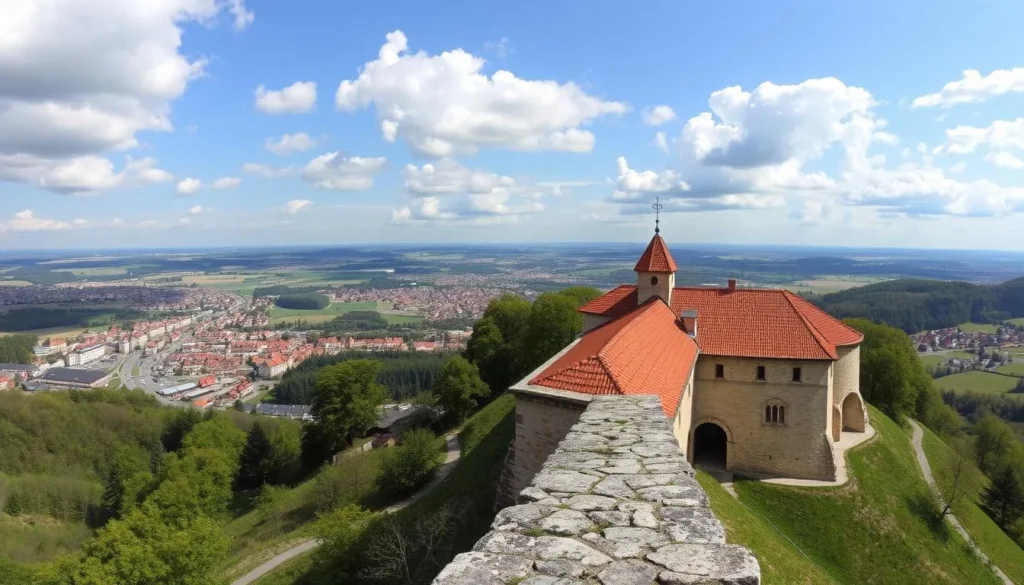 Generate an image of Dubravka Fortress with panoramic views of Teplice