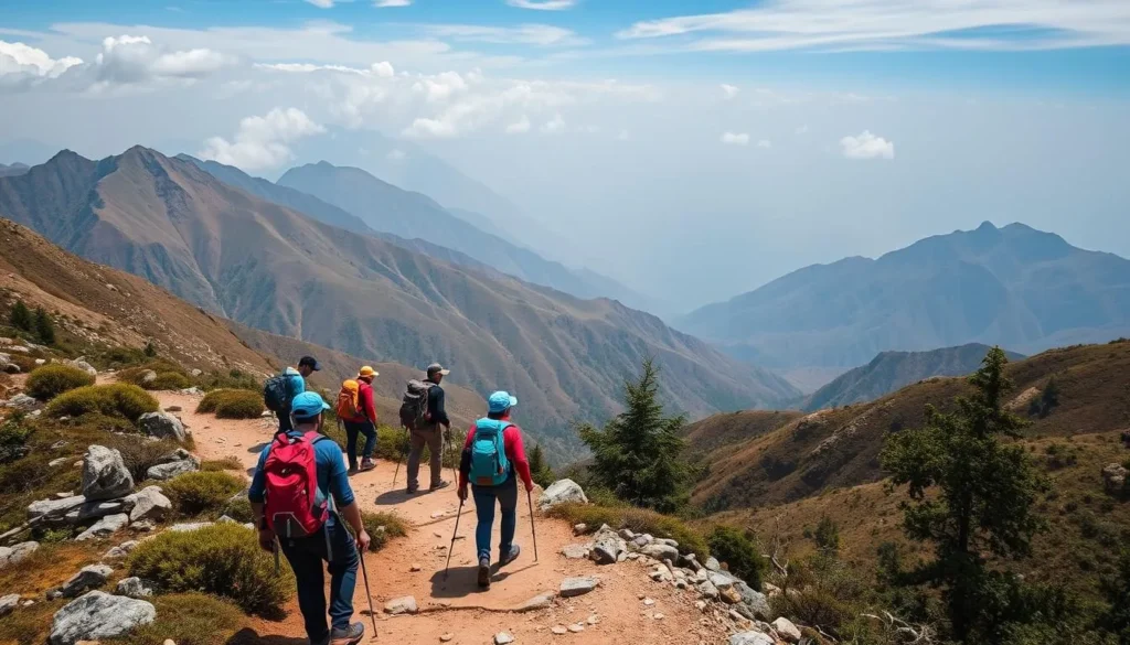 Generate an image of Durga Tekdi with hikers on the trail and scenic views in the background.