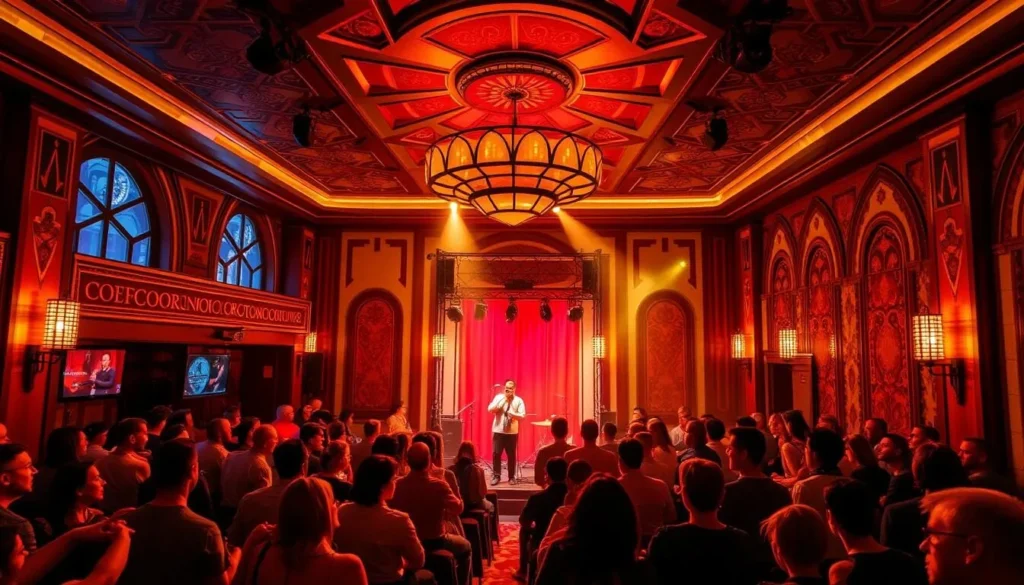 Generate an image of Earth Hackney's art deco interior with a live event in progress.