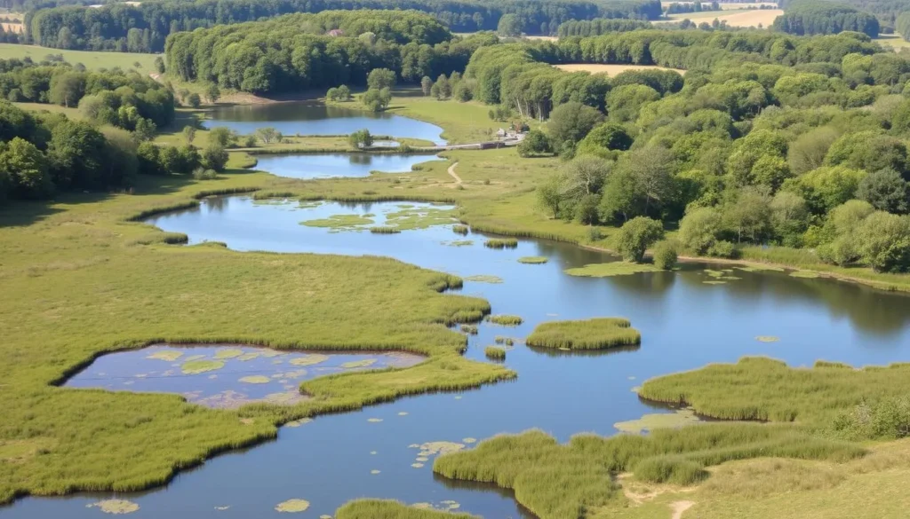 Generate an image of Eastbrookend Country Park with diverse ecosystems, including open grasslands, serene marshes, tranquil lakes, and shaded woodland areas.