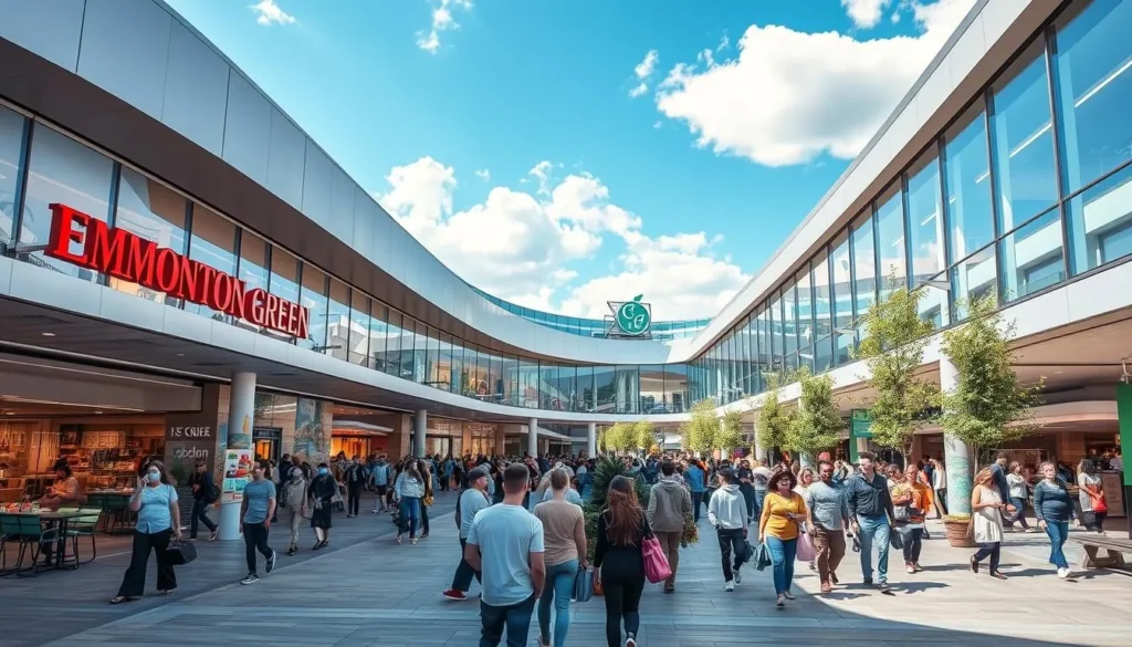 Generate an image of Edmonton Green shopping center with its modern architecture and bustling atmosphere. Generate an image of Edmonton Green shopping center with its modern architecture and bustling atmosphere.