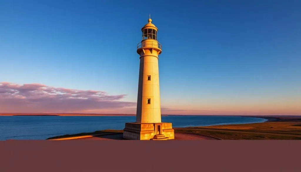 Generate an image of El Faro Lighthouse with the Rio de la Plata in the background.