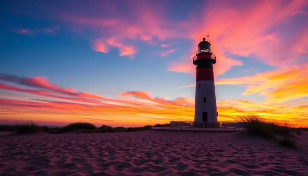 Generate an image of El Faro lighthouse at sunset with the beach in the foreground.