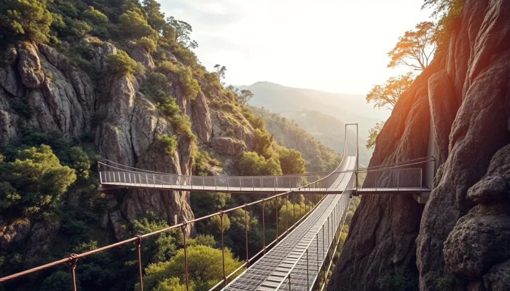 Generate an image of El Gallineral Natural Park, highlighting its unique features such as the suspension bridge and the surrounding natural environment.