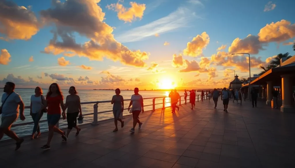 Generate an image of El Malecón in Choroni during sunset, with locals and tourists strolling along the waterfront.