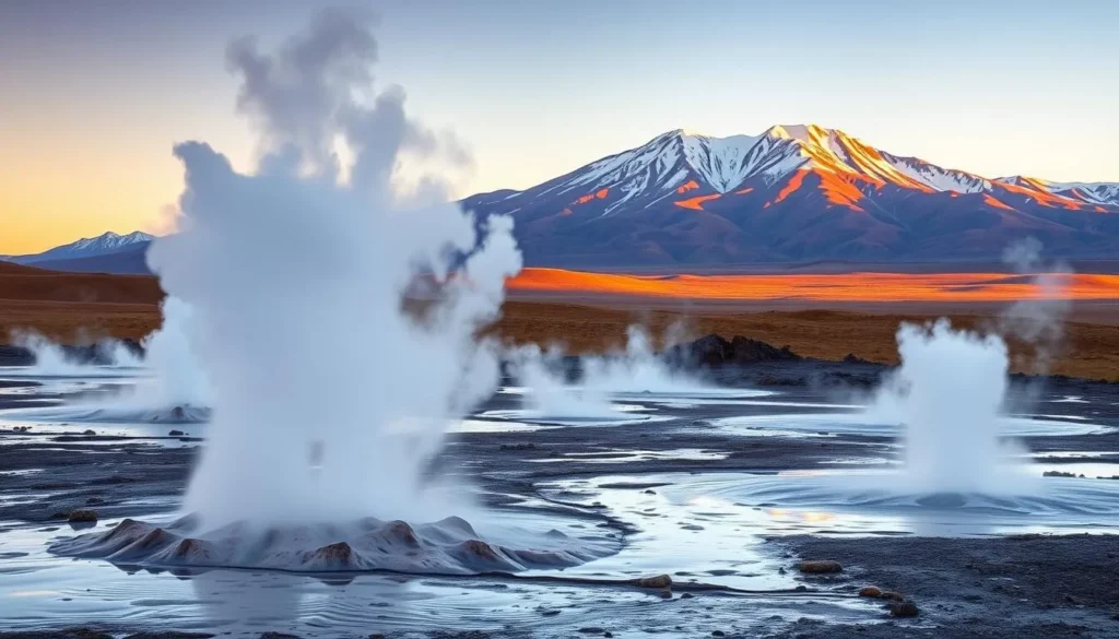 Generate an image of El Tatio Geysers at sunrise with steam rising from the geysers against the backdrop of the Andes mountains.