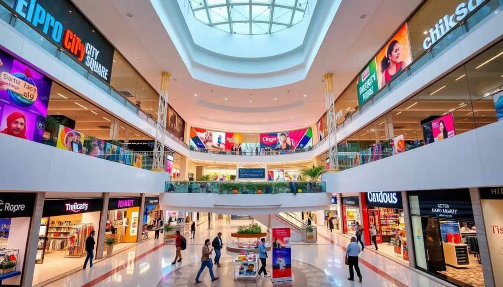 Generate an image of Elpro City Square Mall in Chinchwad, with a spacious interior and a variety of retail stores.