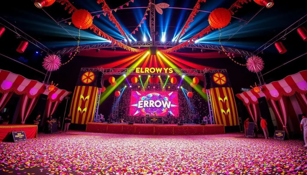 Generate an image of Elrow Dubai's immersive, circus-themed stage setup with vibrant decorations and confetti-filled dance floors.