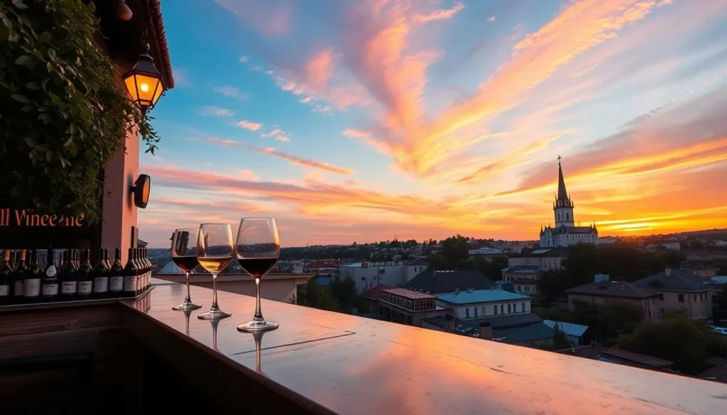 Generate an image of Enoteka Wine Bar with a stunning view of St. Nicholas Church at sunset.