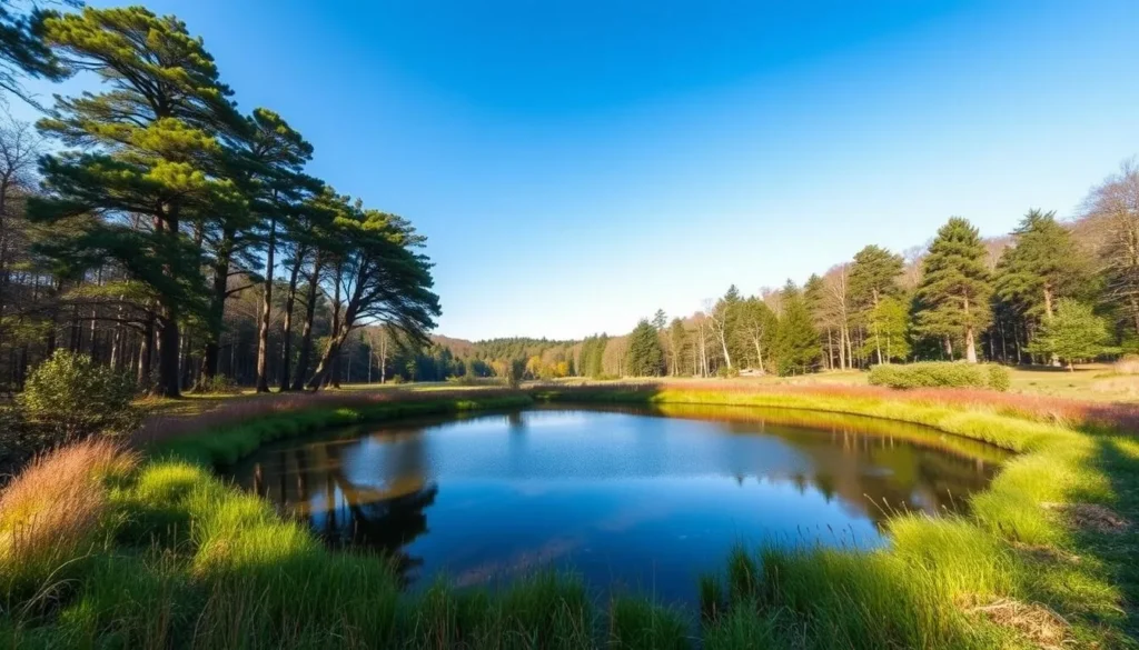 Generate an image of Epping Forest's serene landscape with a tranquil pond surrounded by lush greenery and majestic trees.