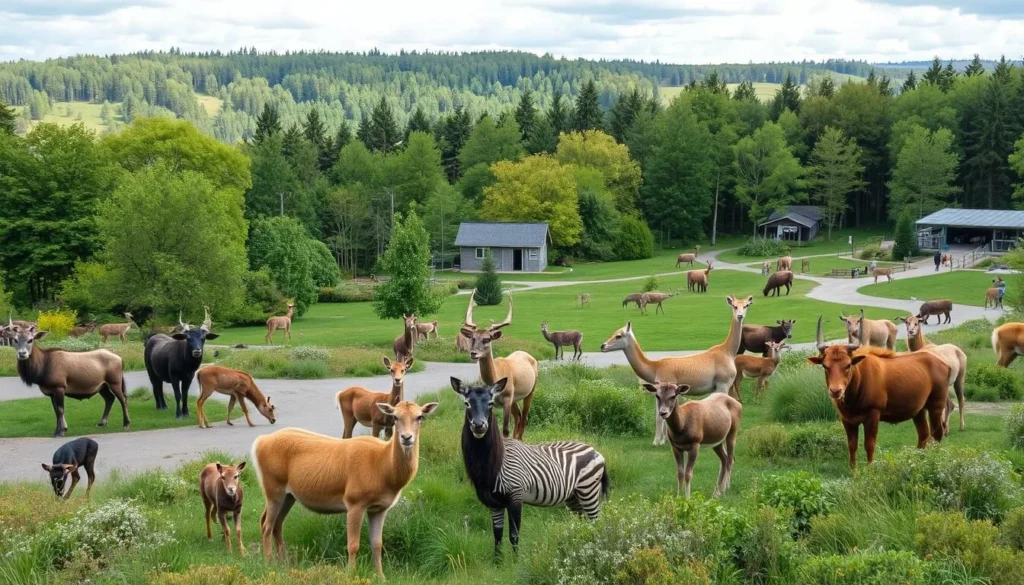 Generate an image of Eriksberg Wildlife Park in Blekinge, Sweden, showcasing its diverse wildlife and natural surroundings.