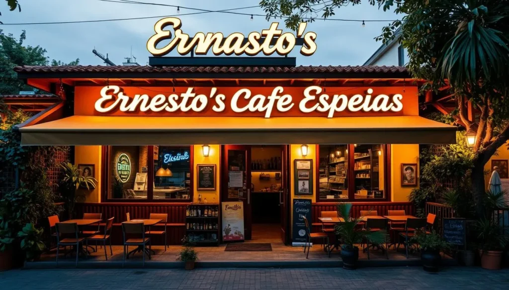 Generate an image of Ernesto's Cafe Especias in Asa Sul, Brasilia, showcasing its inviting exterior and cozy atmosphere.