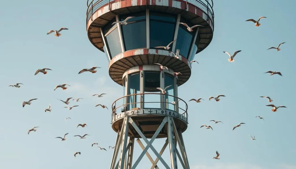 Generate an image of Fågeltornet, the bird observation tower in Store Mosse National Park, Sweden, with birds flying around it.
