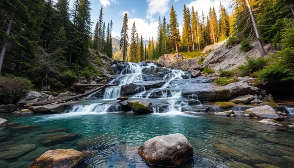 Generate an image of Fairy Creek Falls in Fernie, British Columbia, showcasing its serene surroundings and crystal-clear waters.