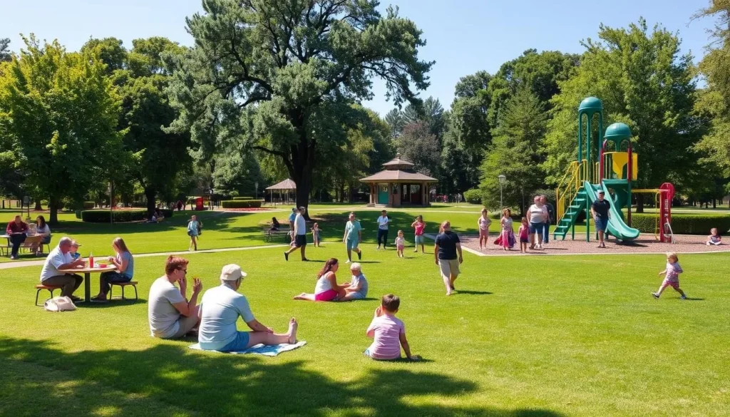 Generate an image of Fassnidge Park with families enjoying recreational activities.