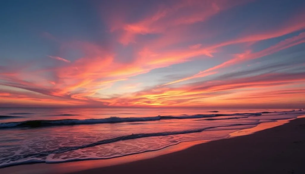 Generate an image of Fenwick Island State Park's serene beach at sunset.