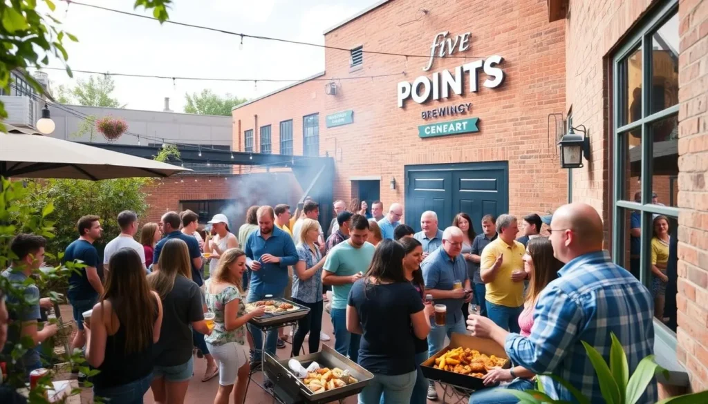 Generate an image of Five Points Brewing Company's courtyard with people enjoying beer and BBQ.