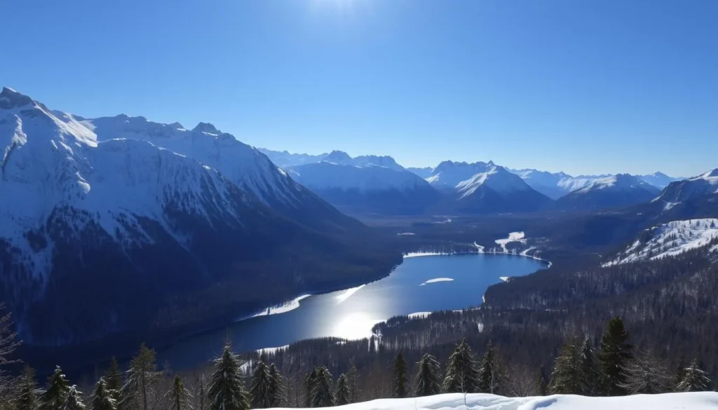 Generate an image of Foljesta National Park in winter with snow-covered mountains and frozen lakes.