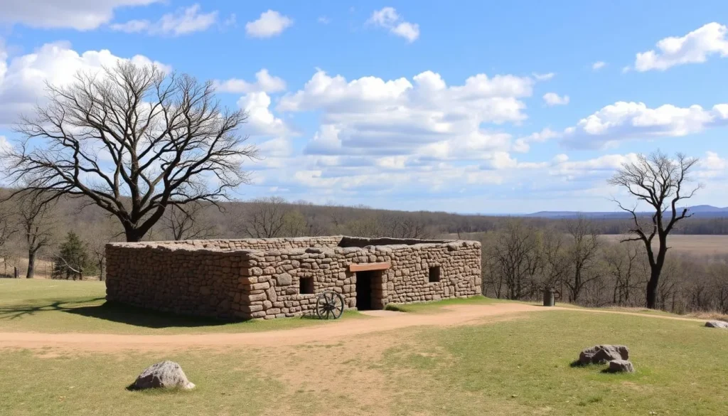Generate an image of Fort Whoop-Up's reconstructed fort, surrounded by the natural beauty of Indian Battle Park.