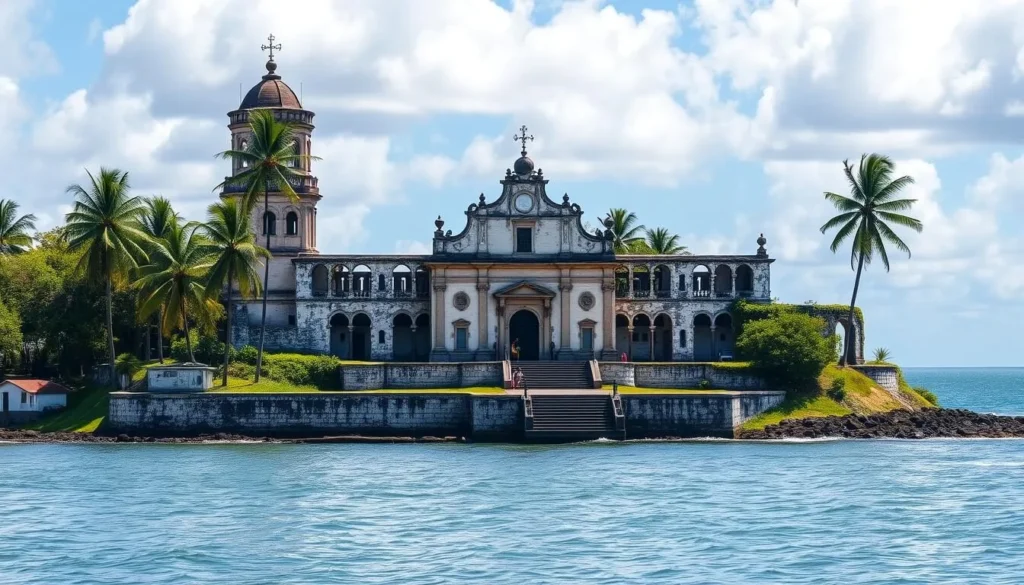 Generate an image of Fortaleza de Nossa Senhora dos Prazeres on Ilha do Farol, Brazil, showcasing its historic architecture and surrounding tropical landscape.