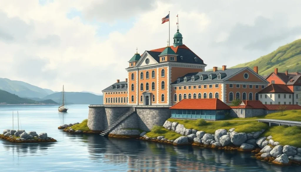 Generate an image of Fredriksvern, a historic naval base in Stavern, Norway, showcasing its main building or a significant landmark.