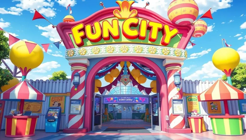 Generate an image of Fun City's entrance, showcasing its vibrant and colorful theme.