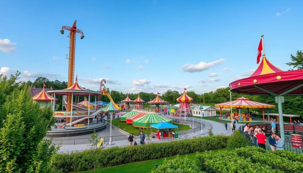 Generate an image of Furuviksparken amusement park in Gävle, Sweden, showcasing its vibrant atmosphere and diverse attractions.