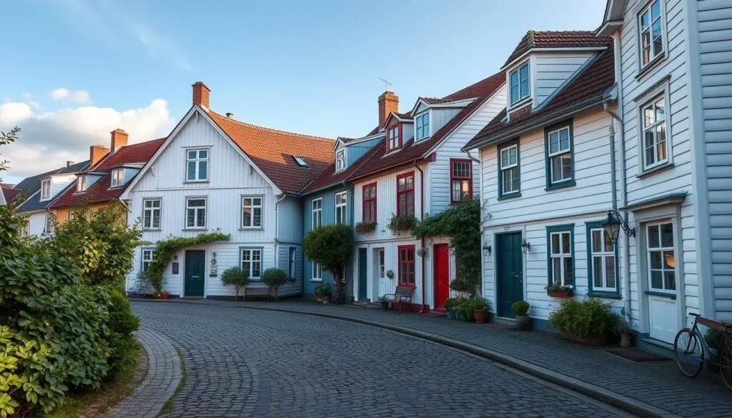 Generate an image of Gamle Stavanger's cobblestone street with 18th-century white wooden houses.