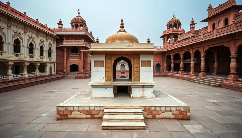 Generate an image of Gandhi Samadhi in Rampur, Uttar Pradesh, showcasing its architectural simplicity amidst the ornate royal buildings nearby.