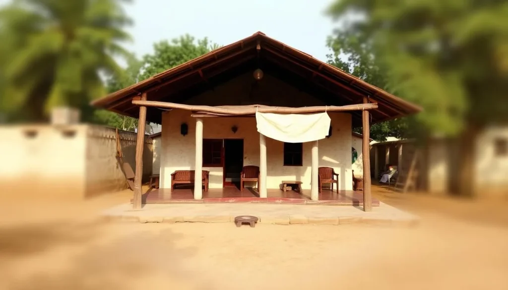 Generate an image of Gandhi's ashram in Sevagram, showcasing its simple living quarters.