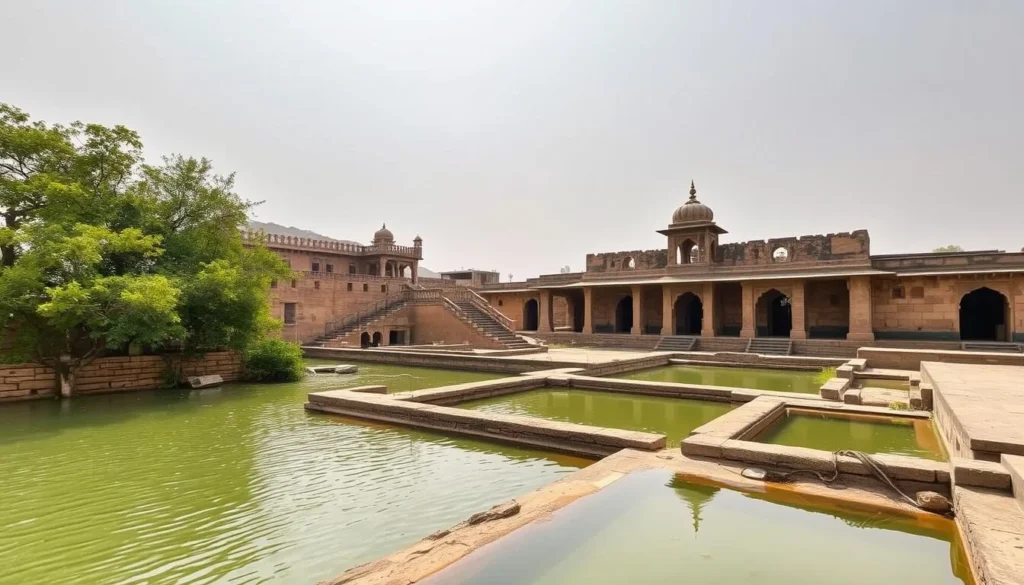 Generate an image of Ganeshwar village, known for its hot springs and ancient ruins in Sikar, Rajasthan.