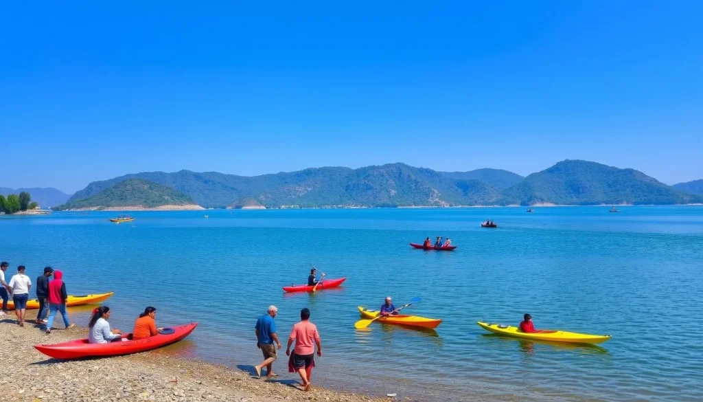 Generate an image of Gaurishankar Lake with serene surroundings and people enjoying leisure activities.