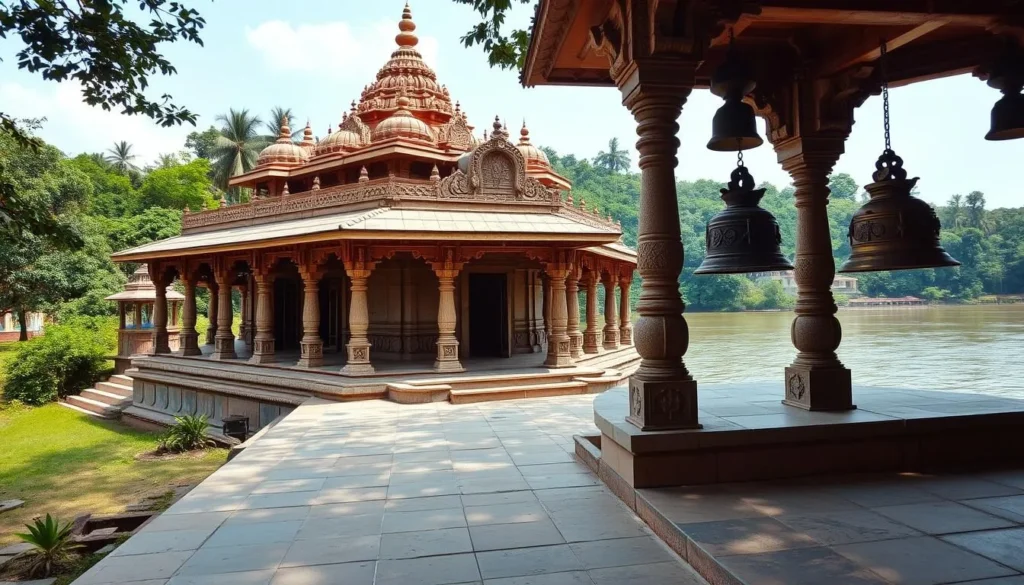 Generate an image of Ghanteswari Temple with numerous bells hanging from its structure, situated on the banks of the Mahanadi River.