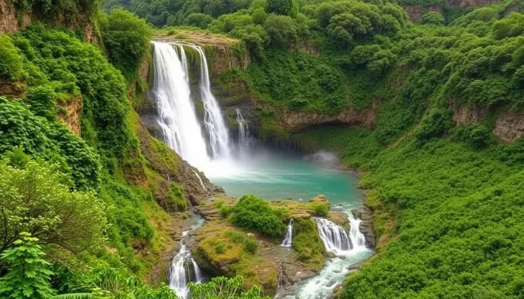 Generate an image of Gocta Waterfall, a two-tiered giant standing at 2,530 feet tall, surrounded by lush landscapes. Generate an image of Gocta Waterfall, a two-tiered giant standing at 2,530 feet tall, surrounded by lush landscapes.
