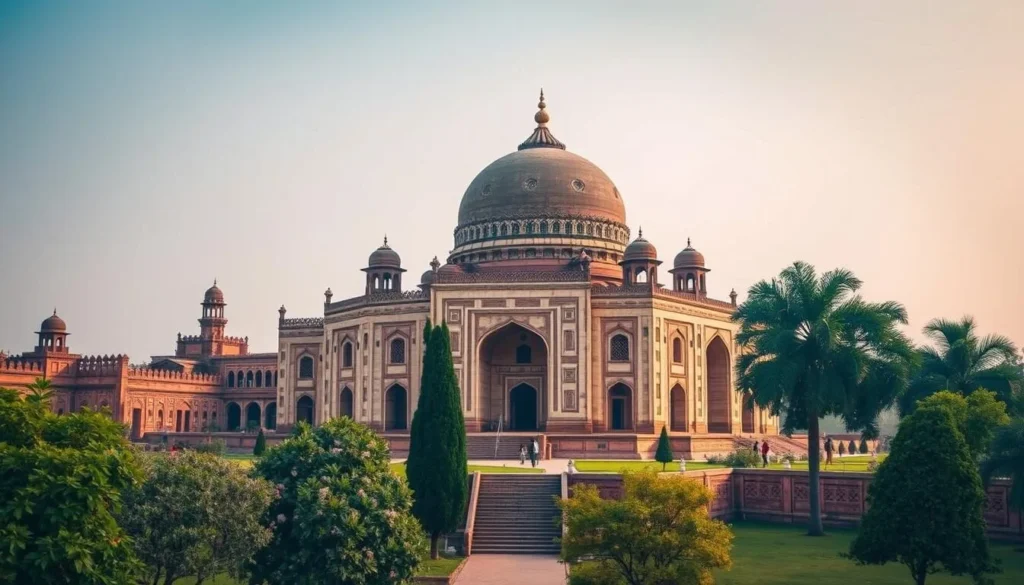 Generate an image of Gol Gumbaz, a majestic mausoleum with a massive dome, surrounded by historical structures.