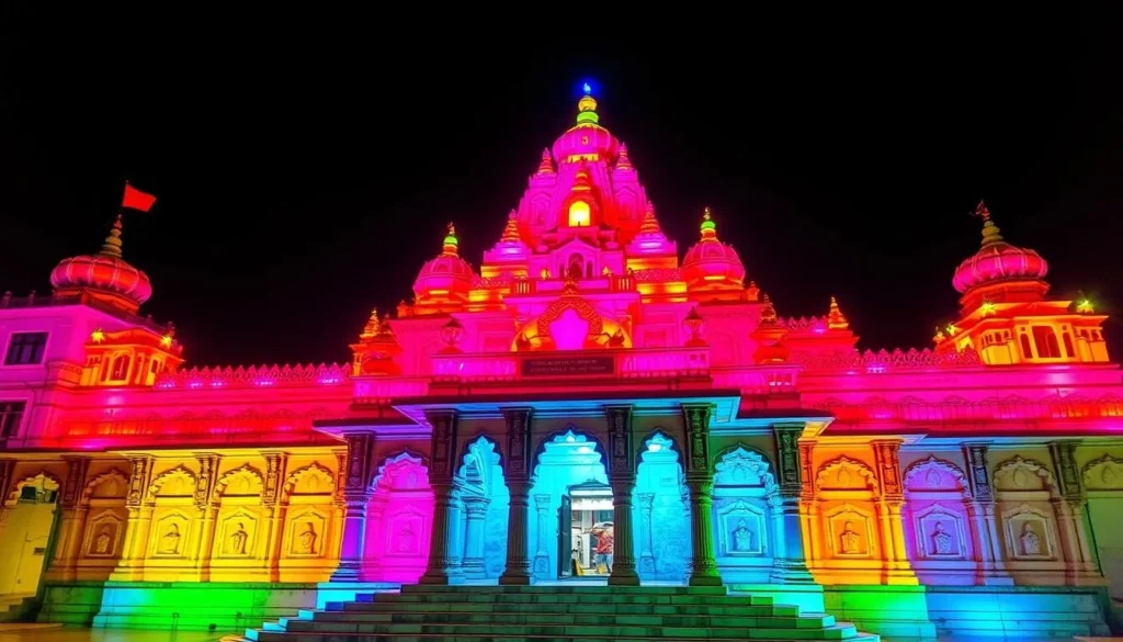 Generate an image of Gorakhnath Temple at night with colorful lights illuminating the structure.