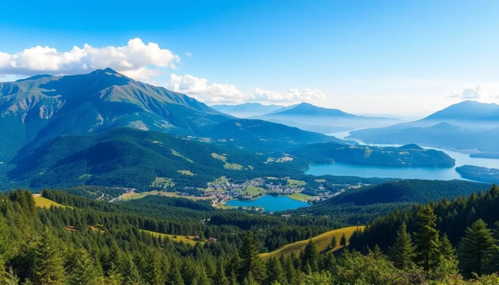 Generate an image of Gramado's scenic landscape with mountains and lakes. Generate an image of Gramado's scenic landscape with mountains and lakes.