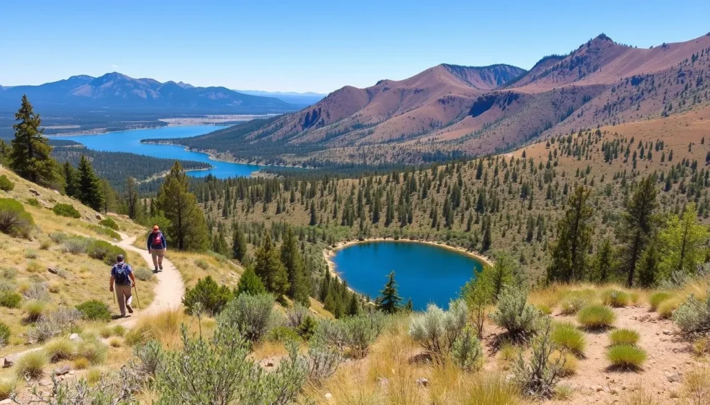 Generate an image of Great Western Reservoir Open Space with hikers on the trails and wildlife in the surrounding area.