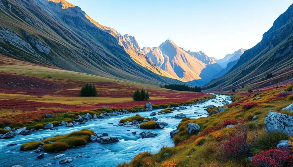 Generate an image of Grimsdalen valley with the Grimsa River flowing through it, surrounded by vibrant mountain pastures and peaks.
